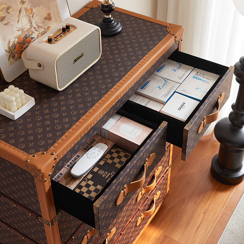 French Vintage Steamer Trunk Style Chest of Drawers, Classic Monogram Canvas Pattern Storage Cabinet with Leather Trim