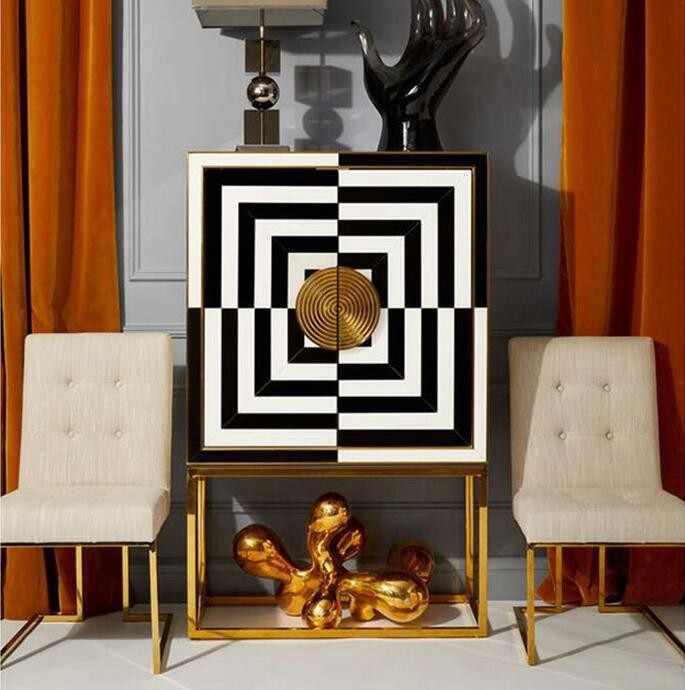 Luxury Postmodern Sideboard Cabinet – Geometric Black & White Op Art Design with Gold Frame for Living Room & Entryway