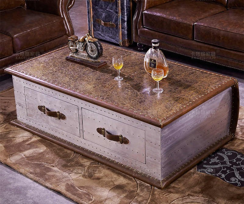 Vintage Industrial Aviation Coffee Table – Metal & Leather Trunk-Style Storage Coffee Table with Rivet Details, Designer Furniture for Modern Living Spaces