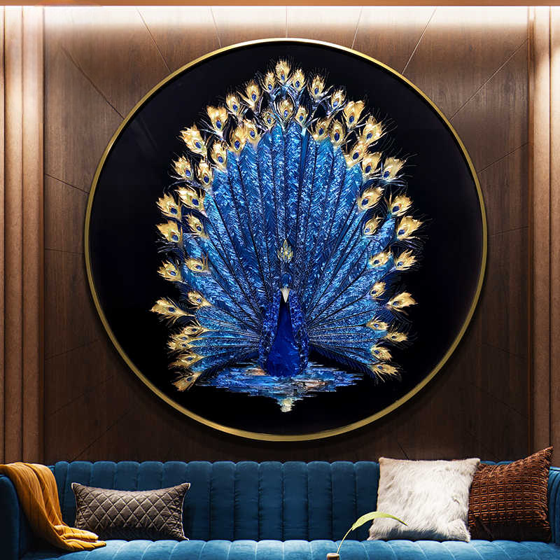 Luxury Hand-Painted Blue Peacock Cloisonné Enamel Round Wall Art – Gold-Framed Entryway, Dining Room, Living Room Hanging, 3D Artistic Statement Piece