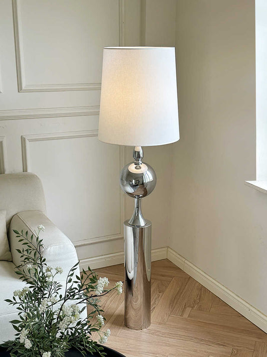 Classic Chrome Ball Floor Lamp, Retro Minimalist Luxury Standing Light with White Fabric Shade for Living Room or Bedroom