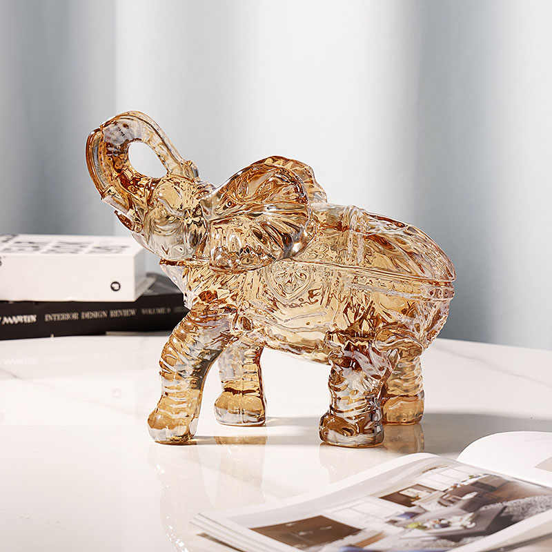 Amber Crystal Glass Elephant Storage Jar, Decorative Candy Container with Removable Lid, TV Cabinet Desktop Ornament