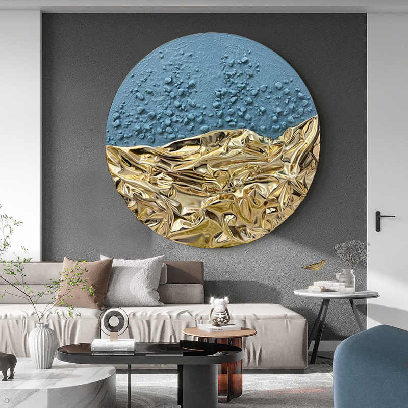 Modern Luxury Round 3D Leather Art Wall Panel, Abstract Handcrafted Texture Gold & Blue Decorative Painting, Frameless Living Room & Entryway Sculpture