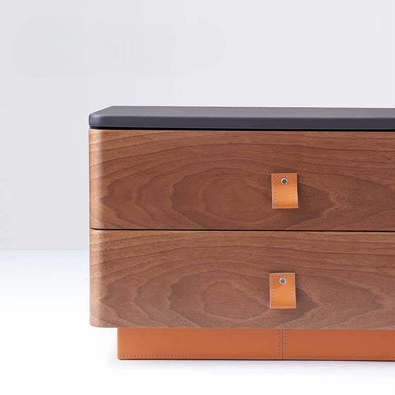 Minimalist Saddle Leather Bedside Cabinet, Luxury Walnut Wood Designer Nightstand, High-End Bedroom Side Table