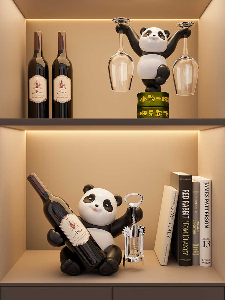 Luxury Panda Wine Rack & Glass Holder Set, Modern Minimalist Wine Cabinet Sculpture Decor, Living Room/Sideboard Housewarming Gift (Includes Opener, No Wine Bottle/Glasses)