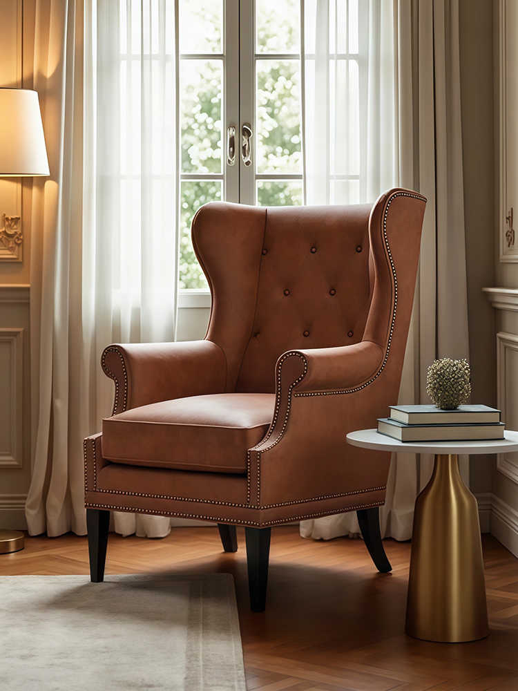 Luxury Vintage High-Back Leather Wing Chair – Designer Retro Accent Armchair for Living Room, Bedroom & Study, Tiger Chair