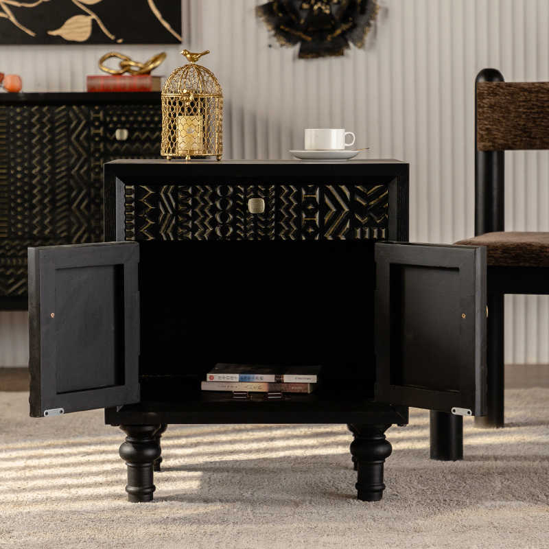 Vintage Black Carved Tribal Pattern Nightstand, Wabi-Sabi Style Storage Cabinet with Turned Legs, Small Space Bedside Table for Bedroom, Living Room
