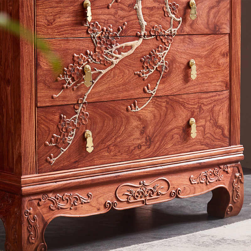 Traditional Hedgehog Rosewood 5-Drawer Chest with Hand-Carved Plum Blossom Motif, Authentic Mahogany Storage Cabinet