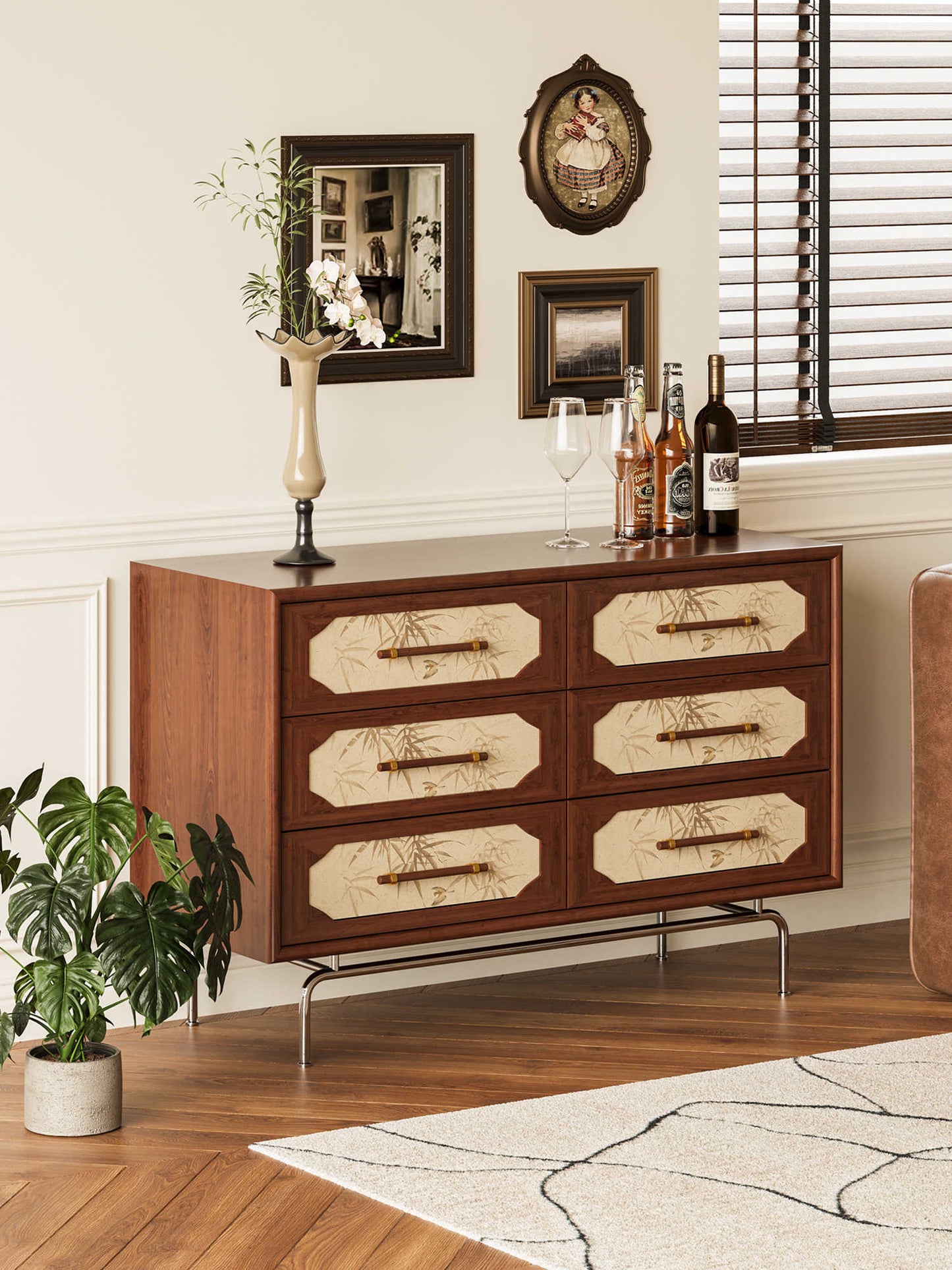Mid-Century American Bamboo Leaf Pattern Solid Wood Dresser – 6-Drawer Storage Cabinet with Hairpin Legs, Artistic Botanical Design for Living Room and Bedroom