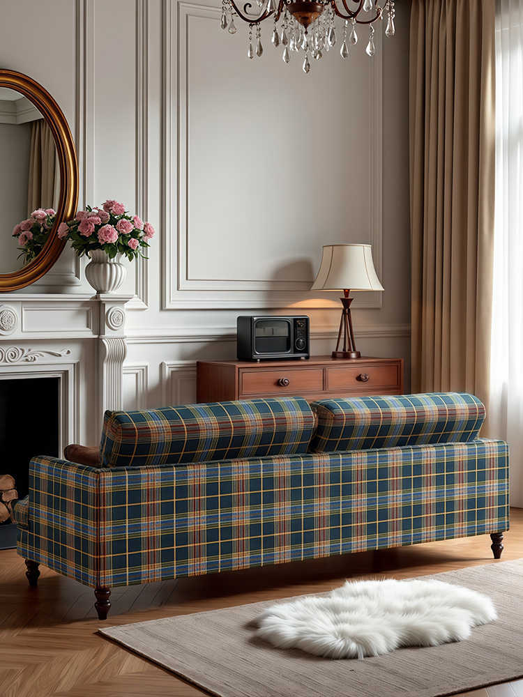 Vintage Plaid Fabric Sofa – Classic Lounge Couch for Living Room, Designer South Asian Retro Style
