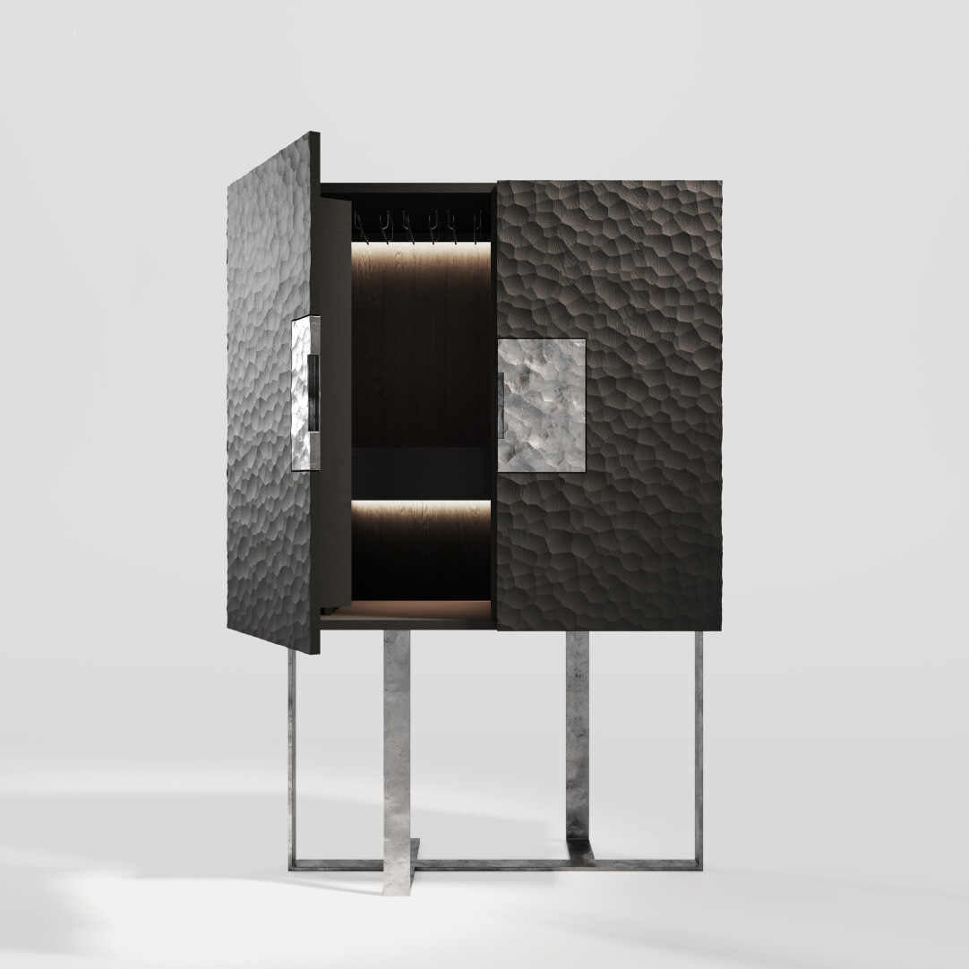 Italian Luxury Bar Cabinet with Dimensional Textured Panels, Modern Silver Ash Wood Storage Cabinet with Chrome X-Base, Designer Sideboard