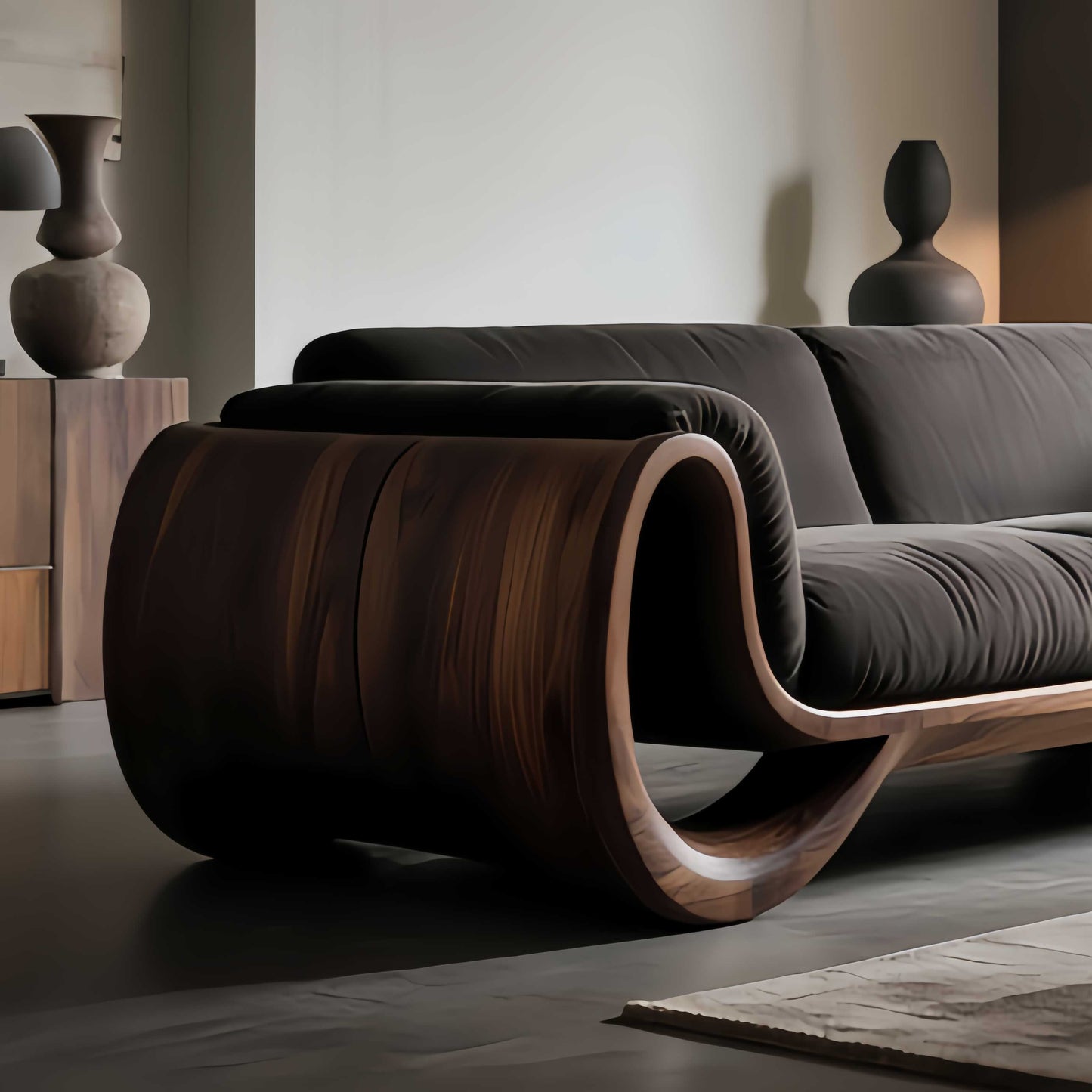 Contemporay New Walnut Sofa – Sculptural Curved Wood Frame with Premium Upholstery, Luxury Modern Living Room Furniture