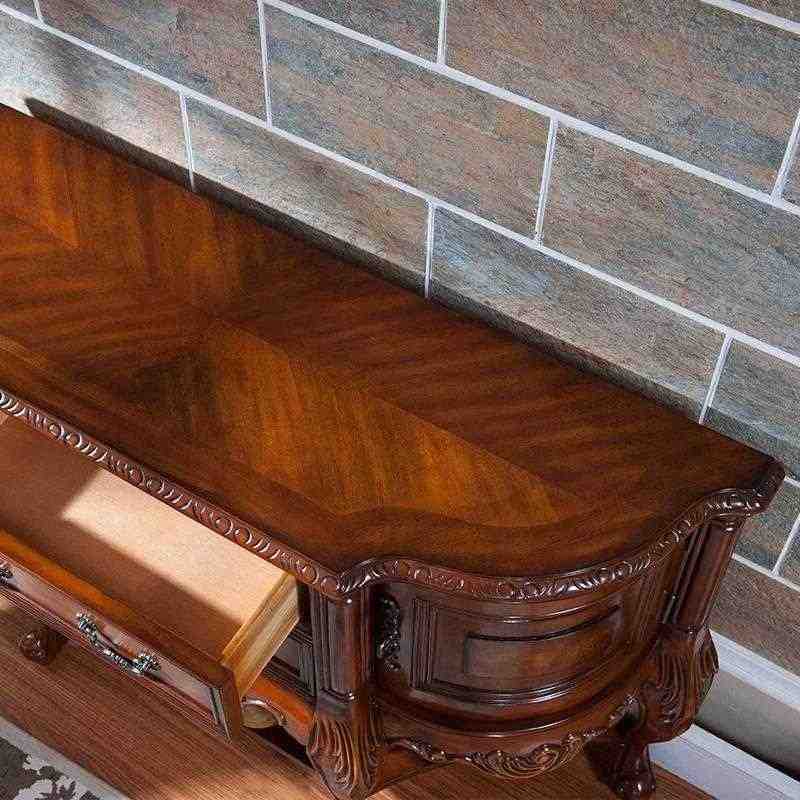 Classic American Solid Wood Half-Moon Console Table – European Style Carved Entryway Demilune Hall Table with Storage Drawers & Display Shelf