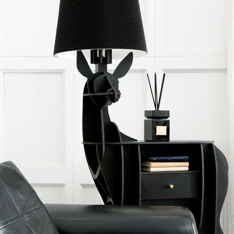 Modern Black Deer Table Lamp Cabinet | Creative Animal Shaped Entryway Storage Console with Drawer, Hallway and Bedroom Accent Furniture