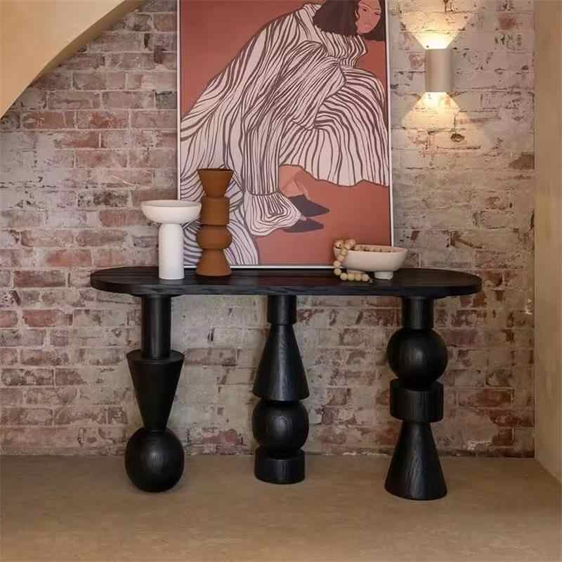Vintage Solid Wood Sculptural Black Console Table, Modern Designer Entryway Table, Minimalist Artistic Foyer Sofa Back Accent