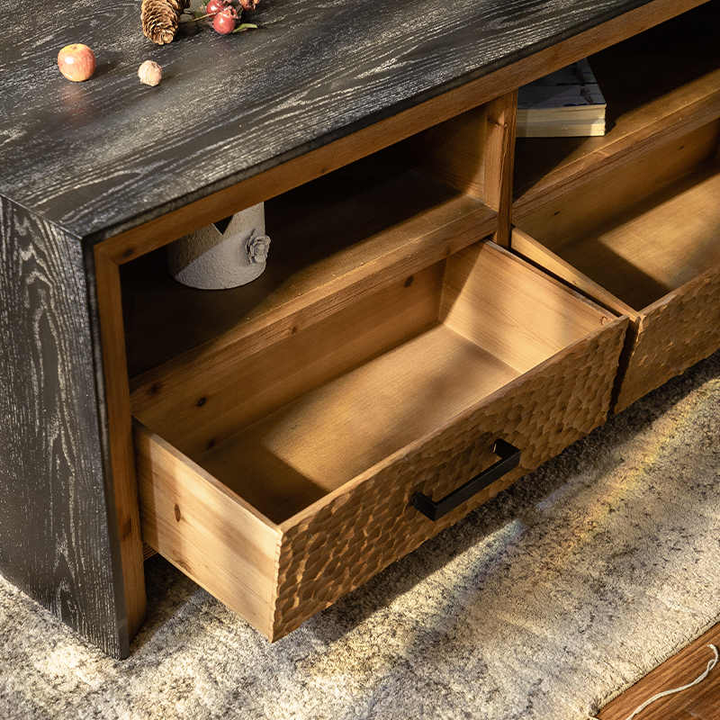 Vintage Distressed Solid Wood Coffee Table, Wabi-Sabi Style TV Console with Textured Drawers, Designer Living Room Storage Table for Small Spaces,