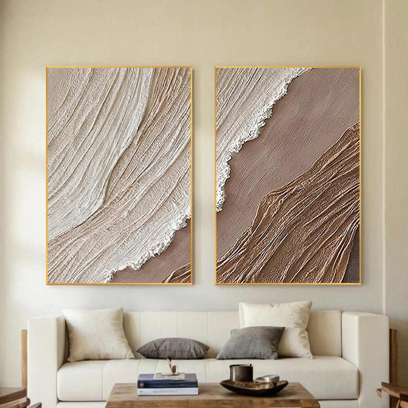 Modern Abstract Textured Ocean Waves Hand-Painted Canvas Wall Art Set of 2, Large Style Painting for Living Room, Entrance Decor, Black Aluminum Alloy Frame
