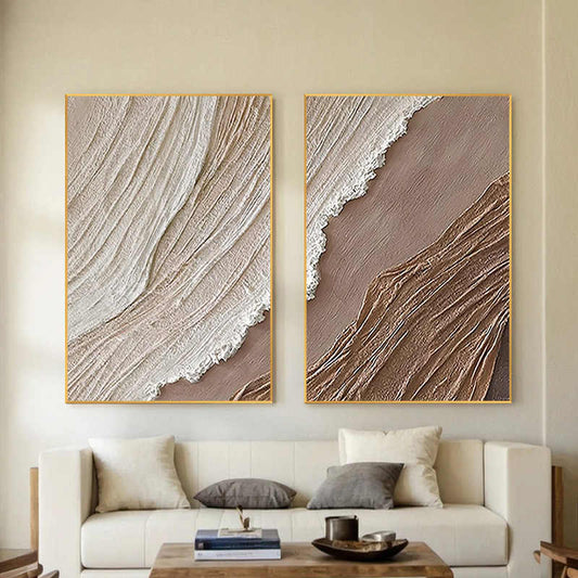 Modern Abstract Textured Ocean Waves Hand-Painted Canvas Wall Art Set of 2, Large Style Painting for Living Room, Entrance Decor, Black Aluminum Alloy Frame
