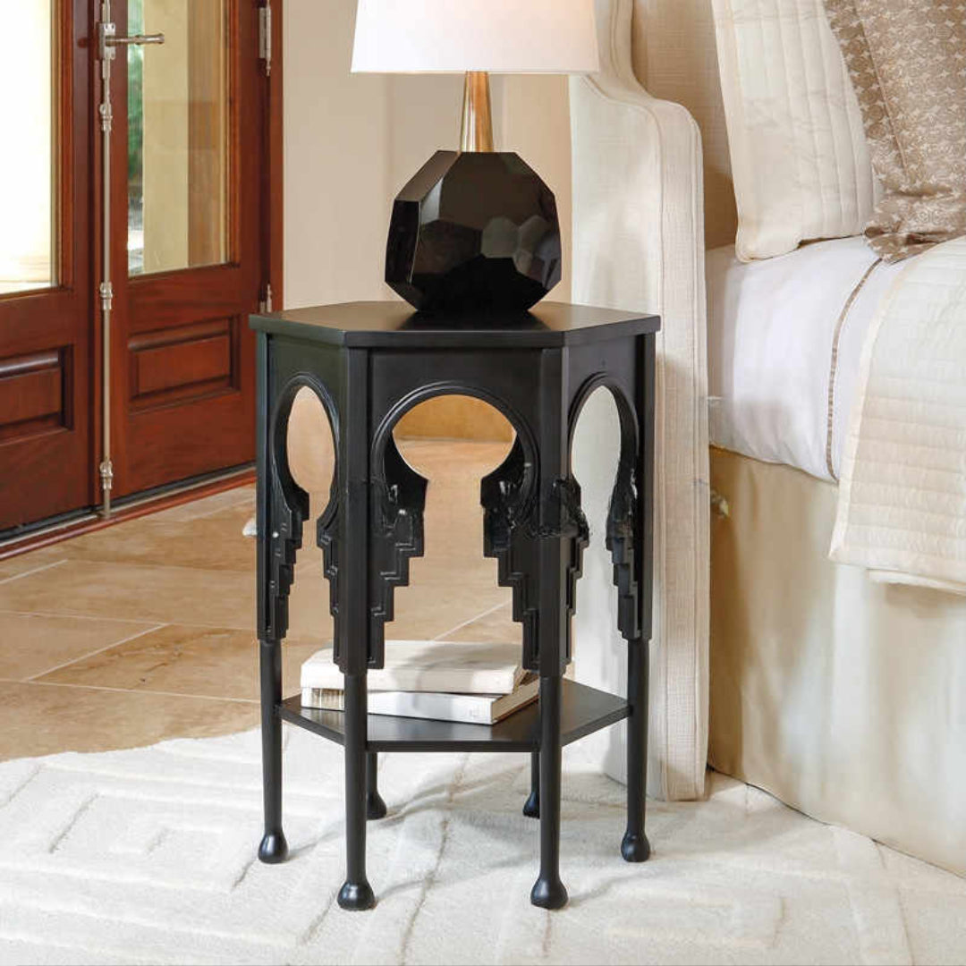 Art Deco Black Carved Solid Wood Side Table – Unique Arch Cutout Bedside Accent Table, Luxury End Table for Bedroom/Living Room