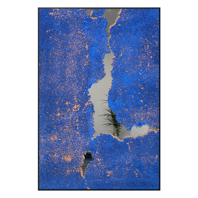Modern Abstract Klein Blue Textured Wall Art, Mirror Stainless Steel Hand-Painted Relief, Black Aluminum Frame, Large Entryway & Sofa Background Decorative Painting