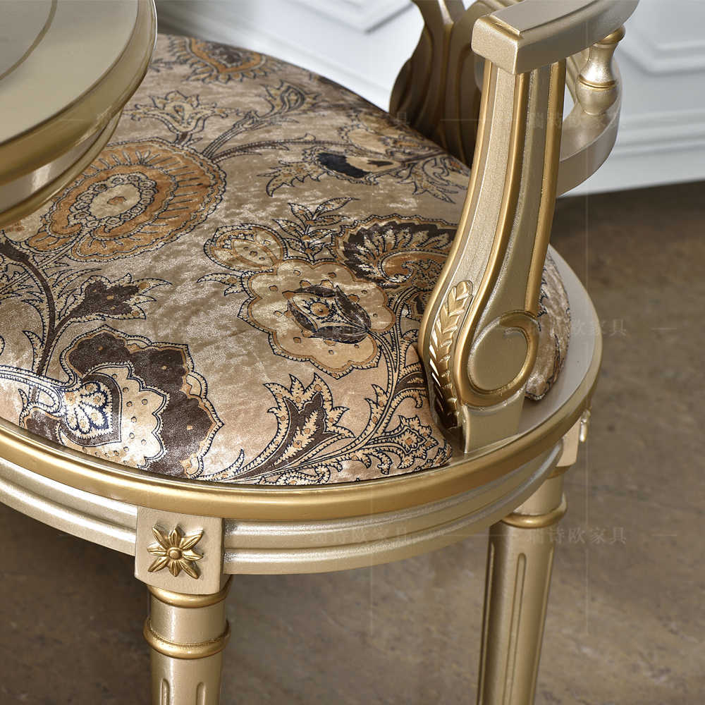 French Vintage Champagne Gold Tea Table & Chair Set – Classic Round Pedestal Table with Upholstered Accent Chair, Luxury Patio Conversation Furniture