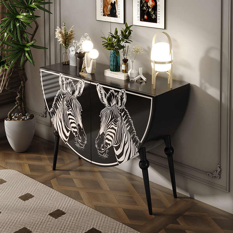 Luxury Hand-Painted Zebra Entryway Cabinet, Artistic Solid Wood Sideboard for Living Room & Hallway