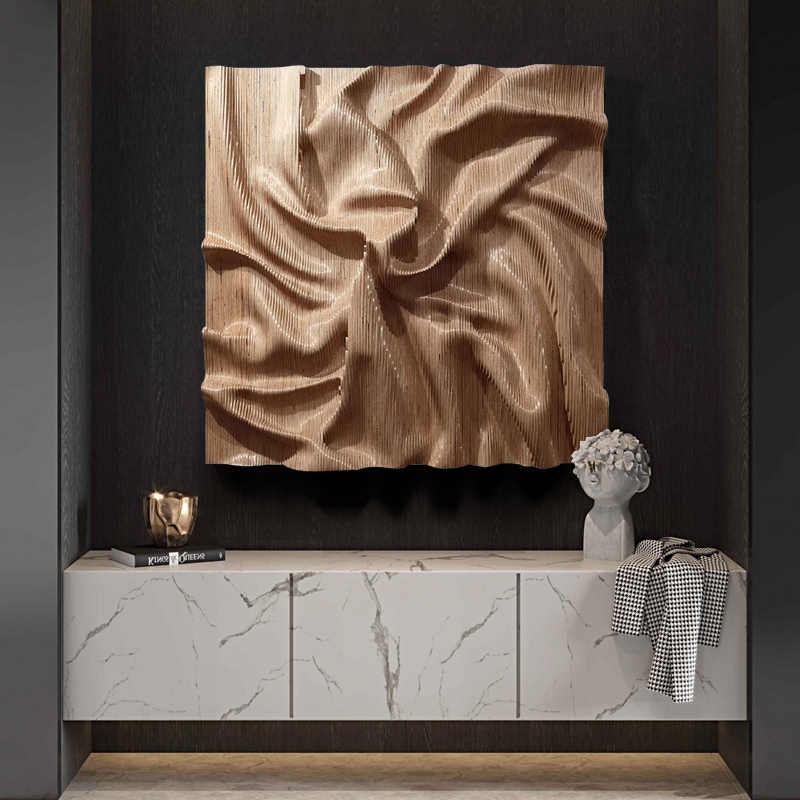 High-End Hand-Carved Solid Wood 3D Wall Relief Art, Luxury Hotel Lobby & Sales Gallery Installation, Sandstone Texture Hand-Painted Wall Panel – Unframed