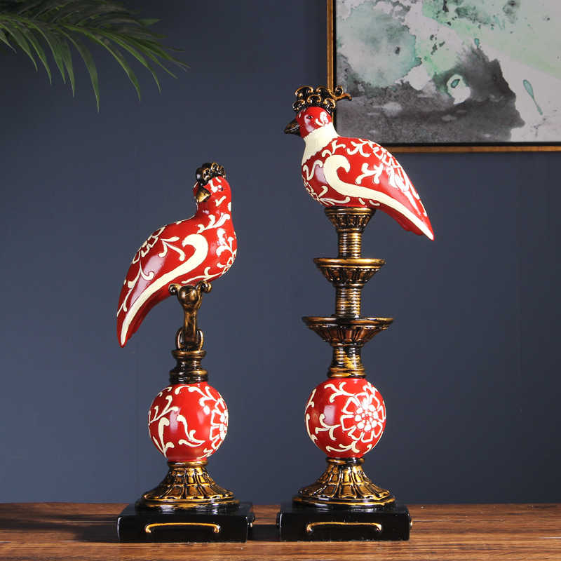 Luxury Prosperity Bird Decor Set, Red & White Classical Resin Figurines for Wine Cabinet, Fireplace, Entryway, High-End Living Room Accents