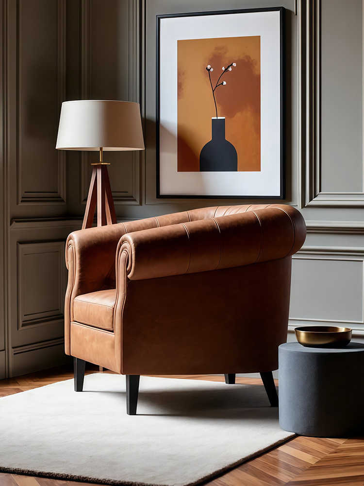 Vintage Leather Club Chair – Retro Chesterfield Single Armchair for Living Room, Bedroom & Home Office, Tufted Barrel Accent