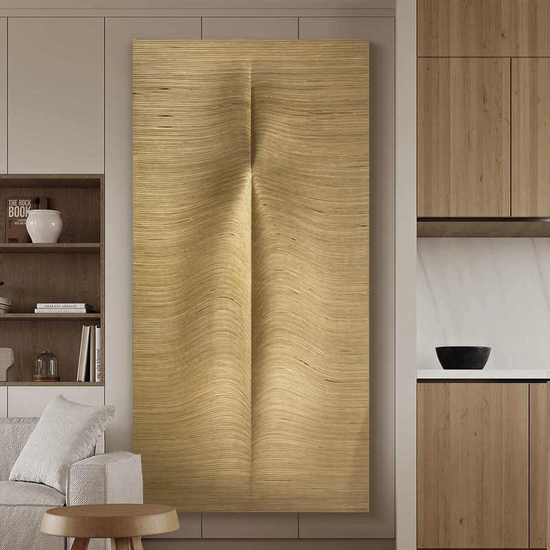 Modern Wood Carved 3D Relief Wall Art, Vertical Natural Solid Wood Sculpture, Large Living Room Entryway Hallway Decorative Panel, Frameless Design