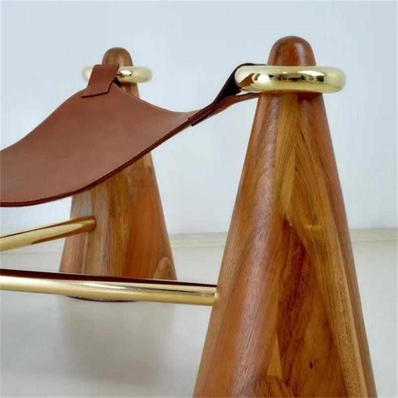 Modern Luxury Leather and Wood Accent Chair, Designer Camel Sling Lounge Chair with Brass, Minimalist Living Room or Hotel Armchair