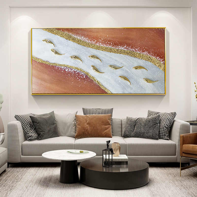 Luxury Hand-Painted Nine Koi Fish Wealth Abstract Oil Painting, 3D Textured Modern Wall Art with Black Aluminum Frame