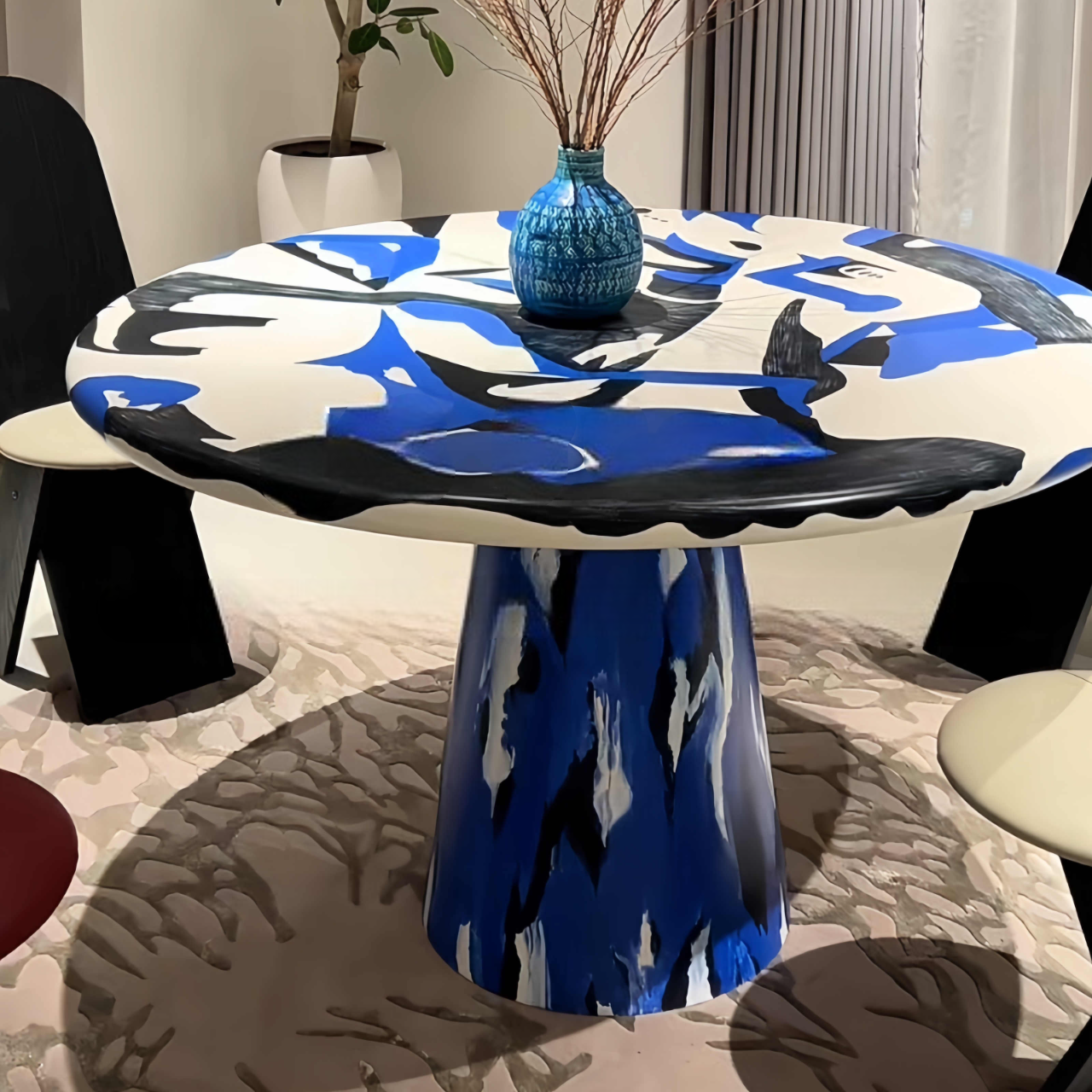 Designer Hand-Painted Solid Wood Round Dining Table, Luxury Vintage Artistic Accent Table for Living Room & Dining Room