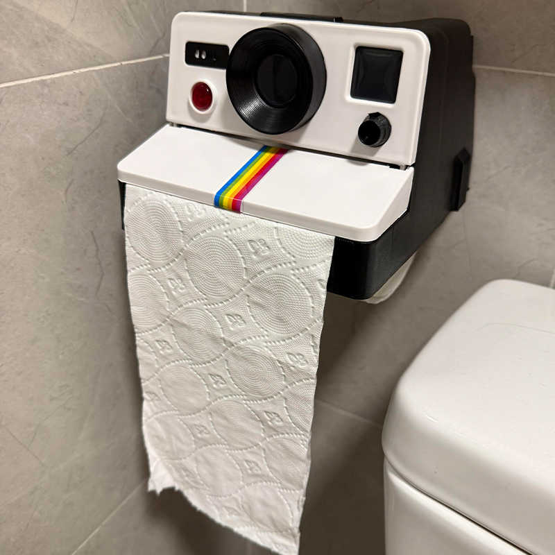 Vintage Polaroid Camera Design Toilet Paper Holder, Wall-Mounted Bathroom Tissue Dispenser with Rainbow Stripe Detail, No-Drill Installation
