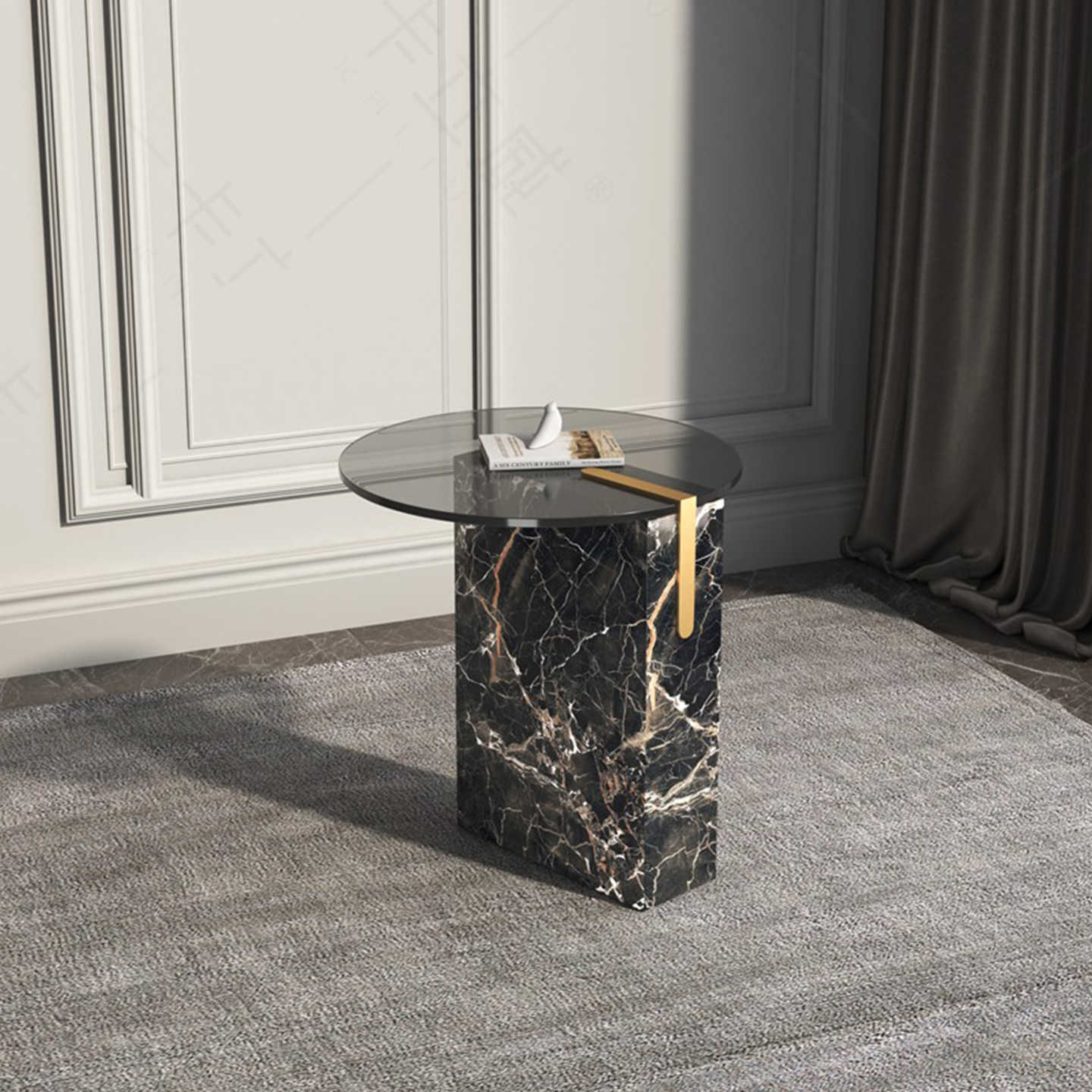 Italian Luxury Grey Glass Round Side Table, Modern Marble Base Corner Coffee Table with Designer Aesthetics