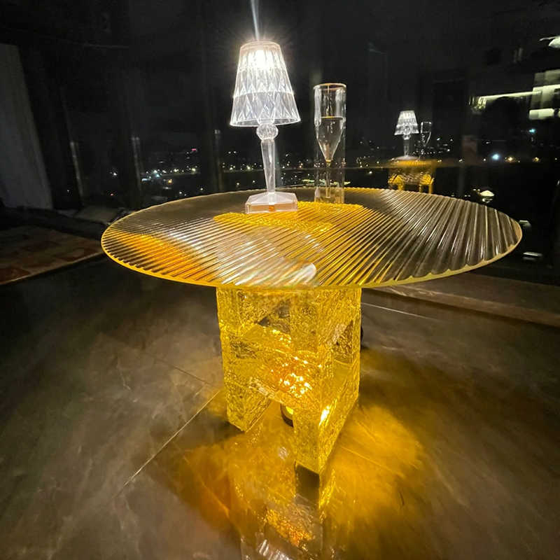 Modern Round Ribbed Glass & Acrylic Side Table, Luxury Transparent Accent for Living Room, Bar, or B&B, 8-Block Base