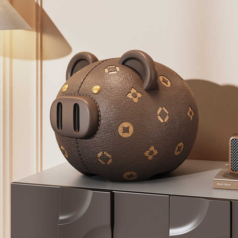 Luxury Designer Piggy Bank with Monogram Pattern, Premium Brown Leather-Look Savings Bank for Kids & Adults, One-Way Coin Slot Money Box