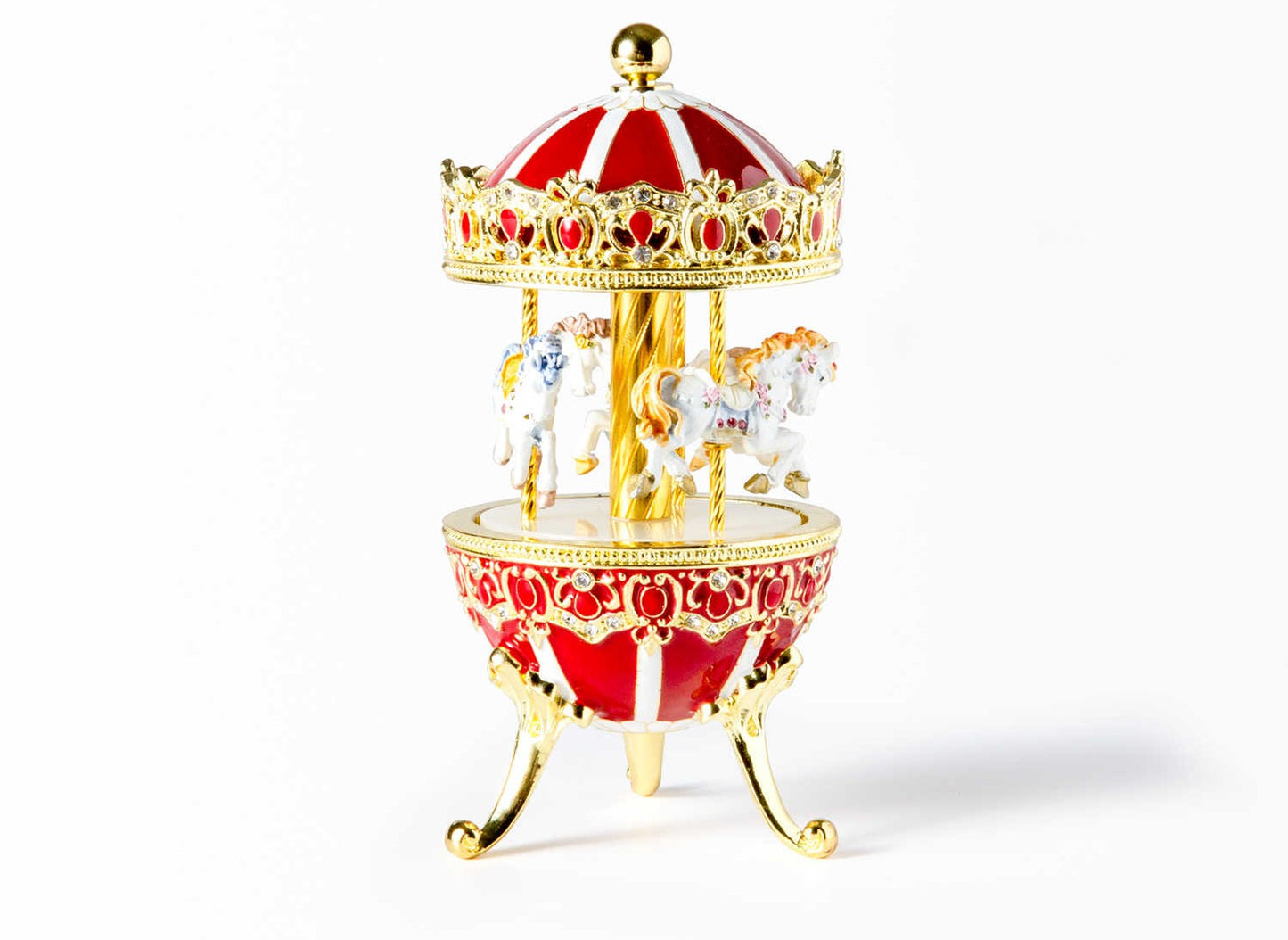 Fabergé Museum Quality Carousel Music Box with Sankyo Movement, Enamel Red & Gold Rotating Horses Musical Gift, Luxury Collectible
