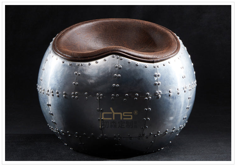 SPITFIRE Aluminum Riveted Sphere Ottoman with Leather Top, Aviation-Inspired Industrial Metal Accent Stoo