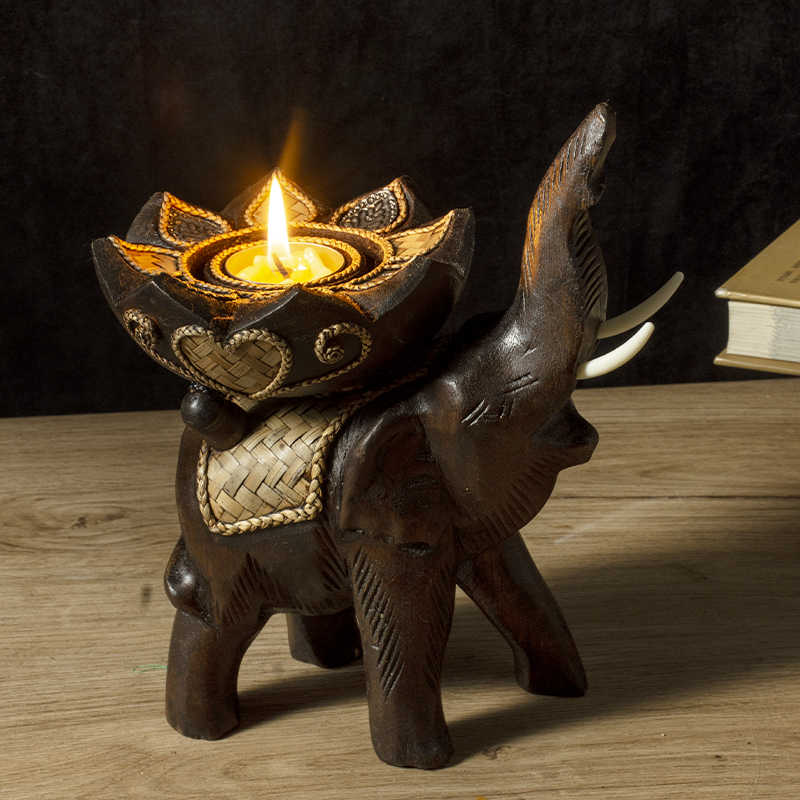 Thai Hand-Carved Wooden Elephant Candle Holder, Lotus Flower Design Aromatherapy Candlestick for Home Decor & Dining Ambiance
