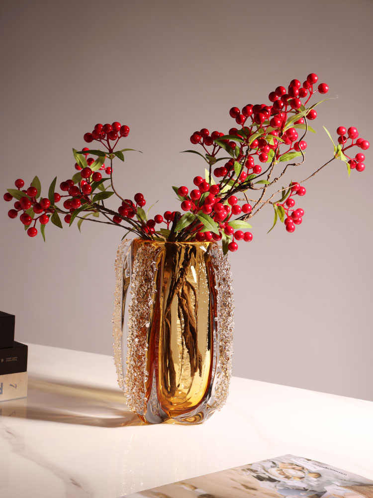 Luxury Modern Crystal Glass Vase, Amber Gold Textured Flower Vase with Chain Pattern for Living Room Hotel Entryway, Contemporary Water Arrangement Decor