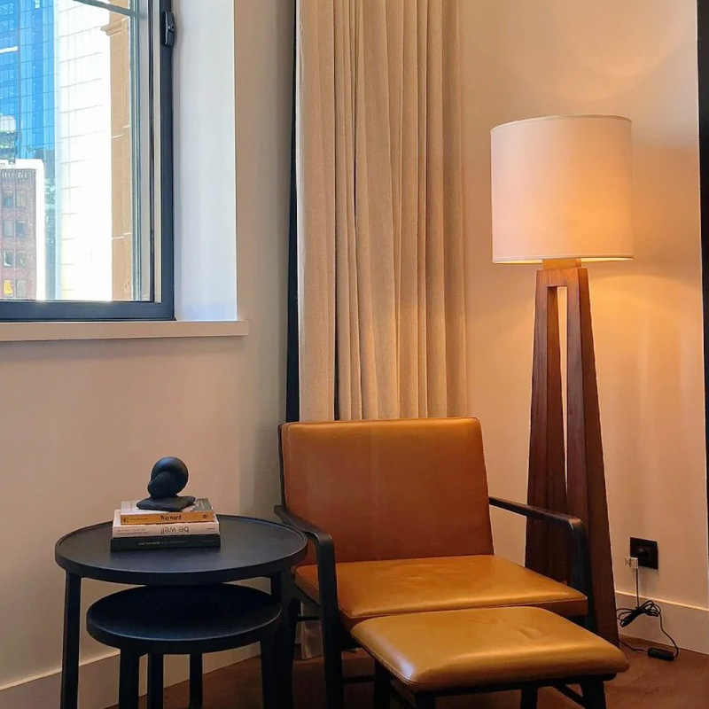 Walnut Wood LED Floor Lamp with Drum Linen Shade, Modern Ambient Standing Lamp, Minimalist Tall Light Fixture for Living Room, Bedroom, Study, Meditation Room