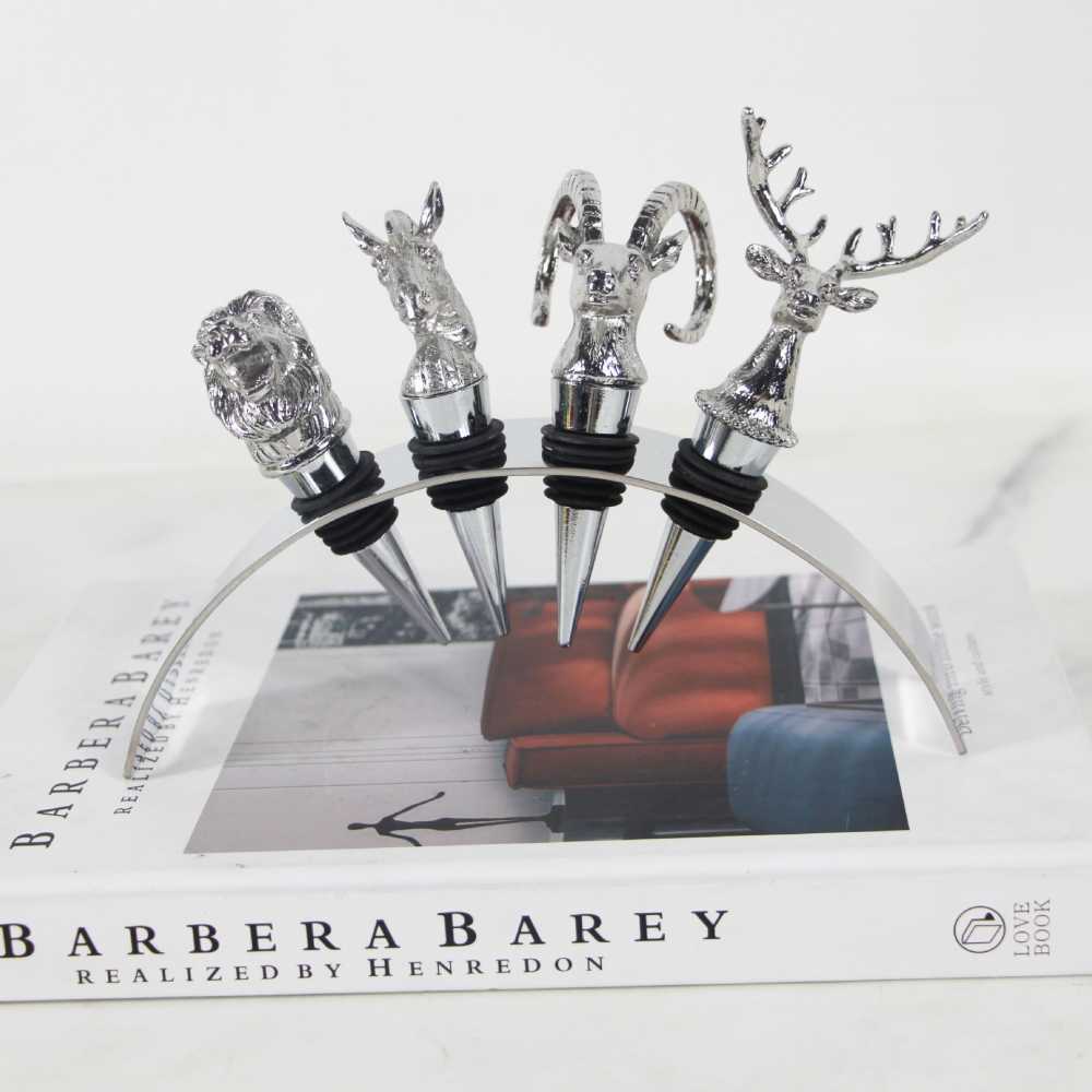 Luxury Animal-Themed Wine Stopper Collection with Display Stand – Chrome Figurine Bar Accessories for Hotel & Home Entertainment