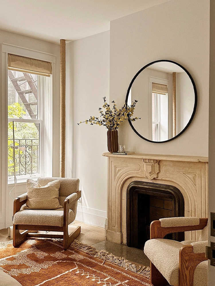 French Vintage Cream Bouclé Accent Chair with Oak Frame, Mid-Century Modern Designer Armchair for Small Spaces