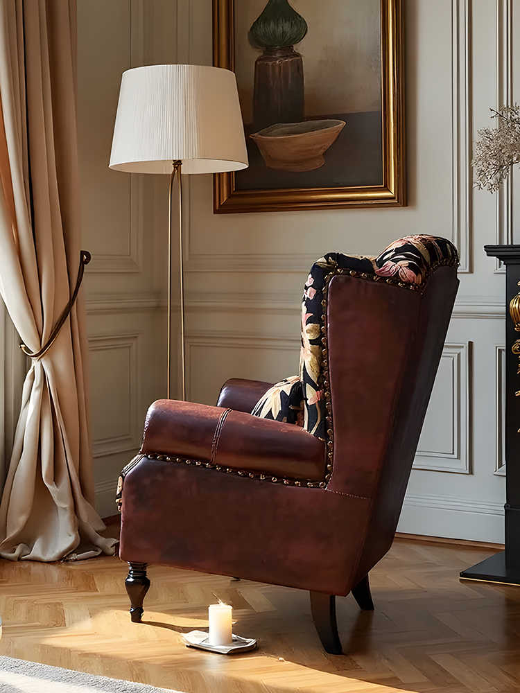 Vintage Wingback Armchair – Retro High-Back Floral Leather Fabric Accent Chair for Living Room & Bedroom
