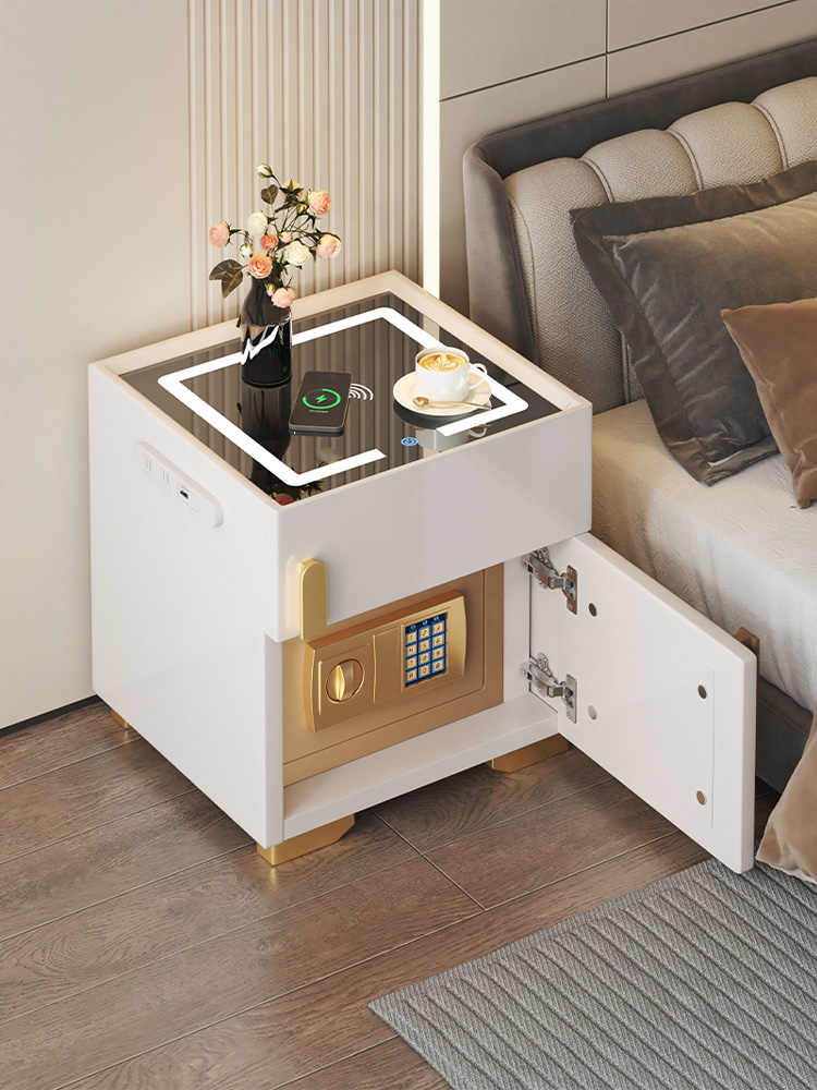 Smart Luxury Nightstand with Safe, Modern Bedroom Bedside Cabinet—Plum Blossom White, LED, Wireless Charging & USB
