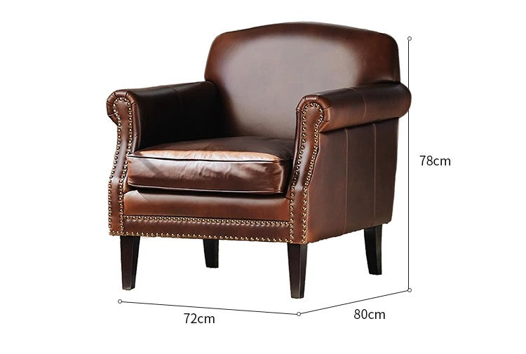 Vintage Genuine Leather Club Chair – Retro Small Living Room Accent Armchair, Brown Tufted Reading Lazy Chair