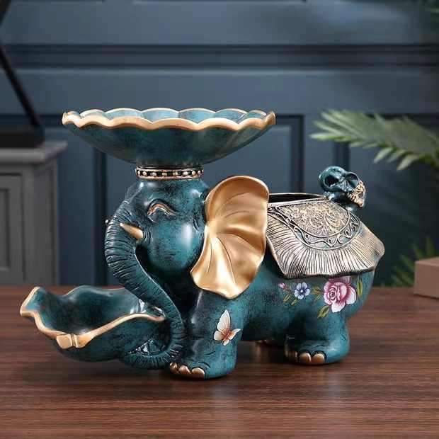 Luxury Elephant Tissue Box Organizer, Green Bronze Resin Desktop Decor, Multipurpose Living Room Table Storage Gift