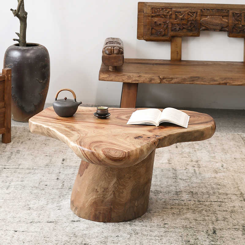 Wabi-Sabi Live Edge Wood Coffee Table – Natural Solid Wood Stump Table with Organic Form, Japanese Minimalist Living Room Furniture