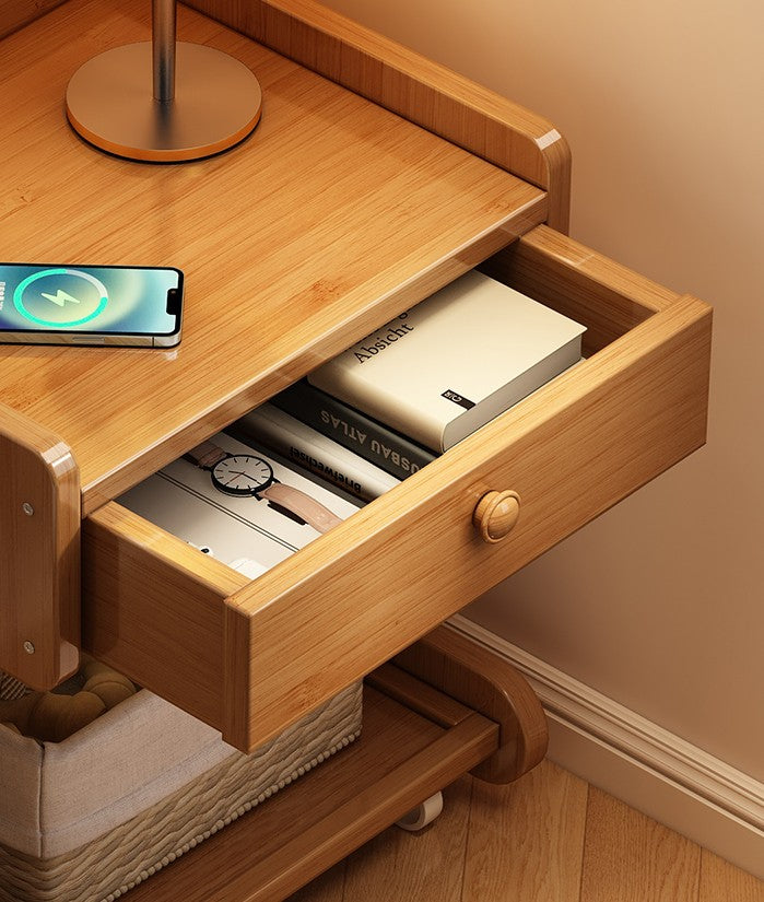 Modern Minimalist Rolling Nightstand – Compact Solid Wood Side Table, Drawer Storage Cabinet, Bedroom/Apartment Utility